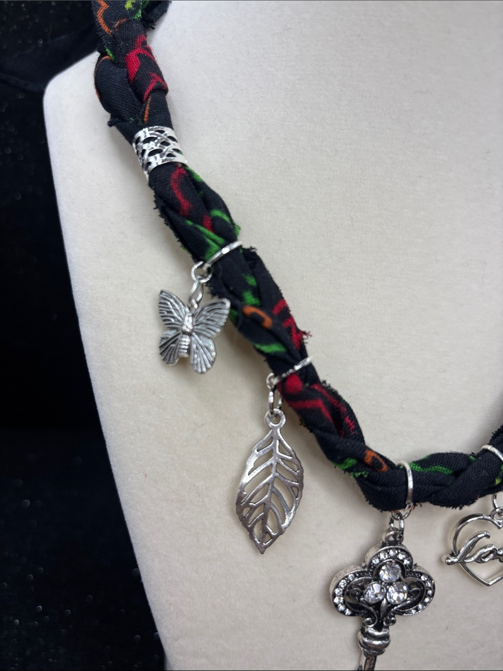 Romantic Braided Bandana Necklace Adjustable Key, Love, Rose & Butterfly Charms - Picture 4 of 6